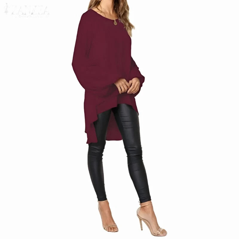 Women Blouse ZANZEA Autumn Crew Neck Lantern SleeveShirt Casual Solid Blusas Femininas Long Tops Tunic Asymmetrical Hem Blouses - KIMLUD