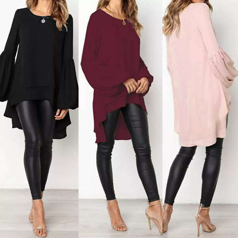 KIMLUD, Women Blouse ZANZEA Autumn Crew Neck Lantern SleeveShirt Casual Solid Blusas Femininas Long Tops Tunic Asymmetrical Hem Blouses, KIMLUD Women's Clothes