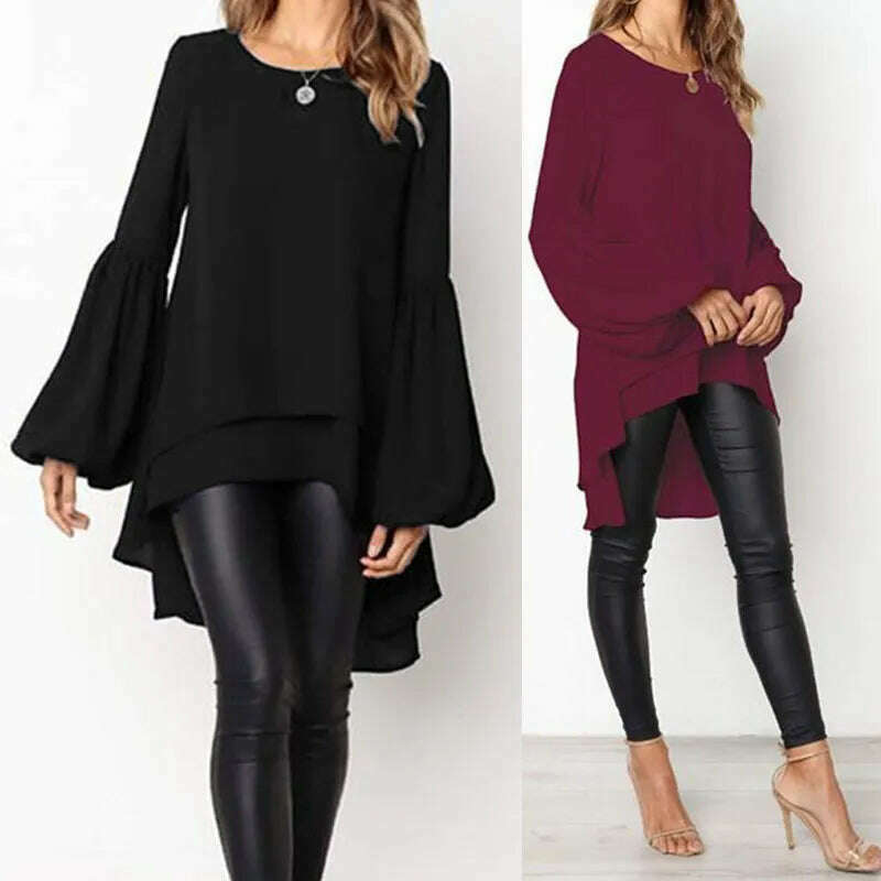 Women Blouse ZANZEA Autumn Crew Neck Lantern SleeveShirt Casual Solid Blusas Femininas Long Tops Tunic Asymmetrical Hem Blouses - KIMLUD
