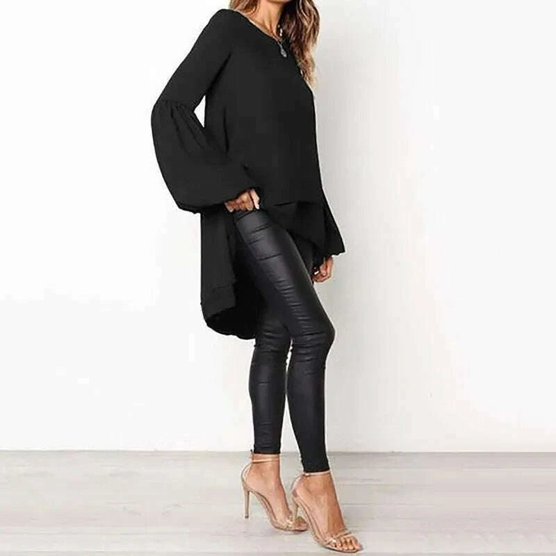 Women Blouse ZANZEA Autumn Crew Neck Lantern SleeveShirt Casual Solid Blusas Femininas Long Tops Tunic Asymmetrical Hem Blouses - KIMLUD