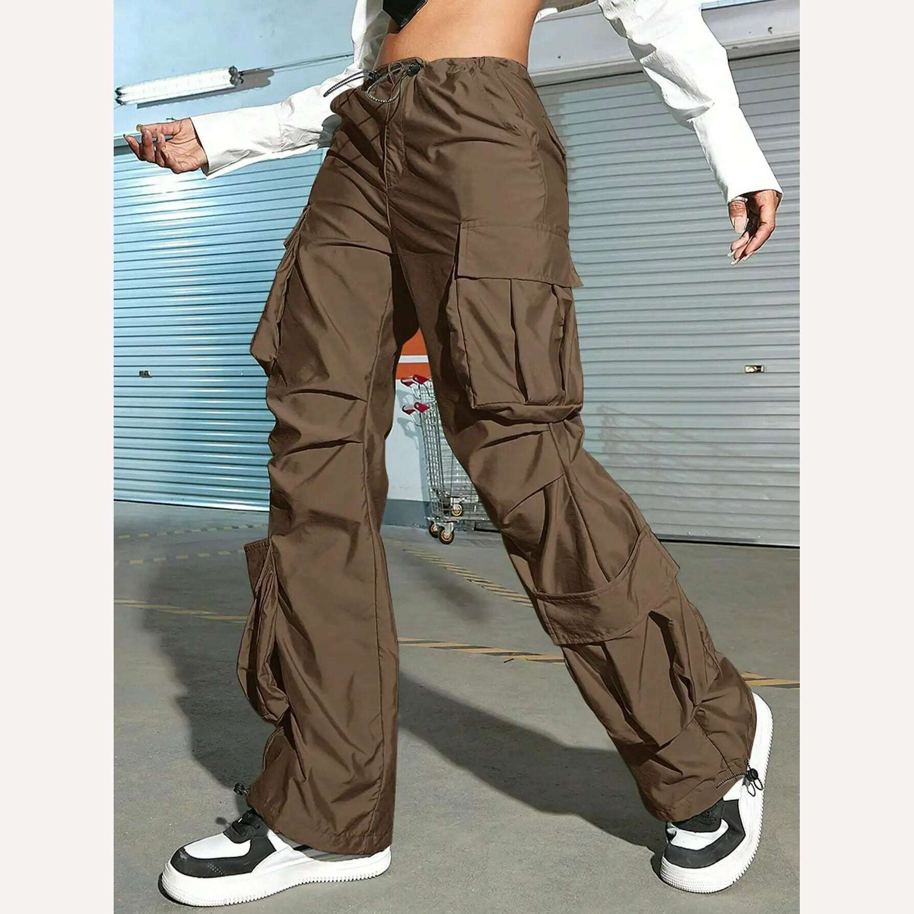 KIMLUD, Women Cargo Pants 2023 Fashion Vintage Street Vibe Flap Pocket Drawstring Ruched Parachute Trousers High Waist Streetwear, Brown / XL, KIMLUD APPAREL - Womens Clothes