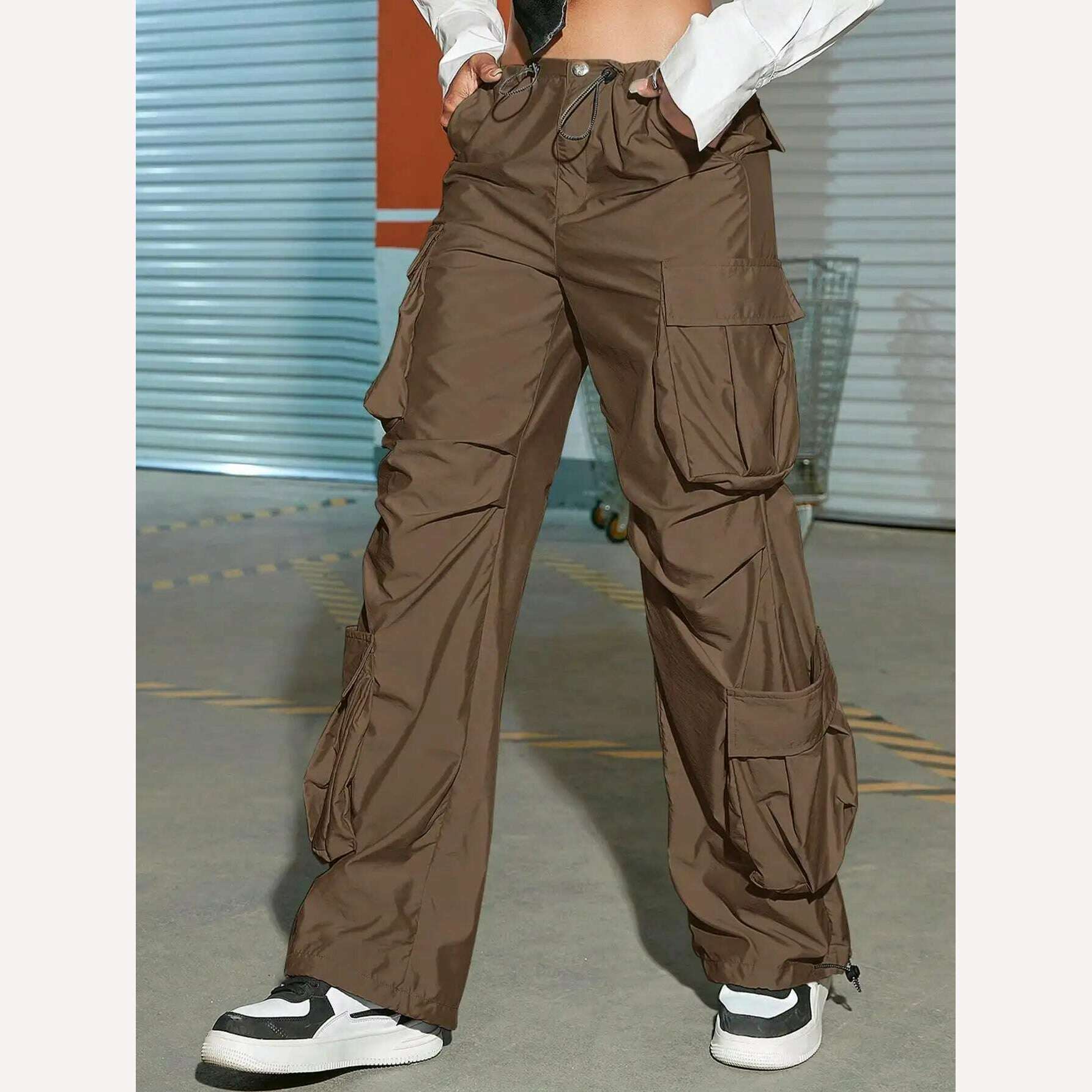 KIMLUD, Women Cargo Pants 2023 Fashion Vintage Street Vibe Flap Pocket Drawstring Ruched Parachute Trousers High Waist Streetwear, KIMLUD Womens Clothes
