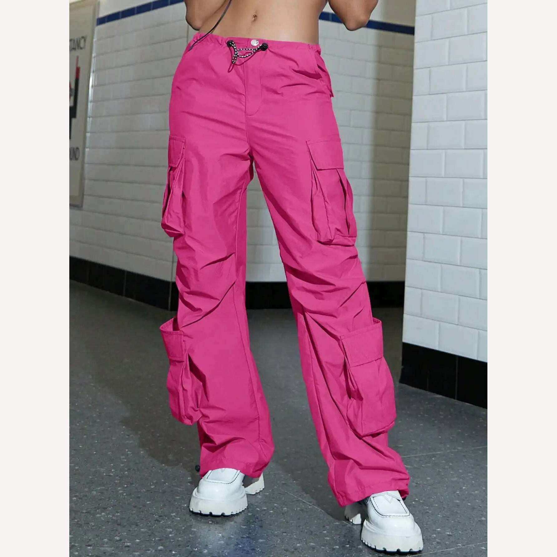 KIMLUD, Women Cargo Pants 2023 Fashion Vintage Street Vibe Flap Pocket Drawstring Ruched Parachute Trousers High Waist Streetwear, hot-pink / XL, KIMLUD APPAREL - Womens Clothes