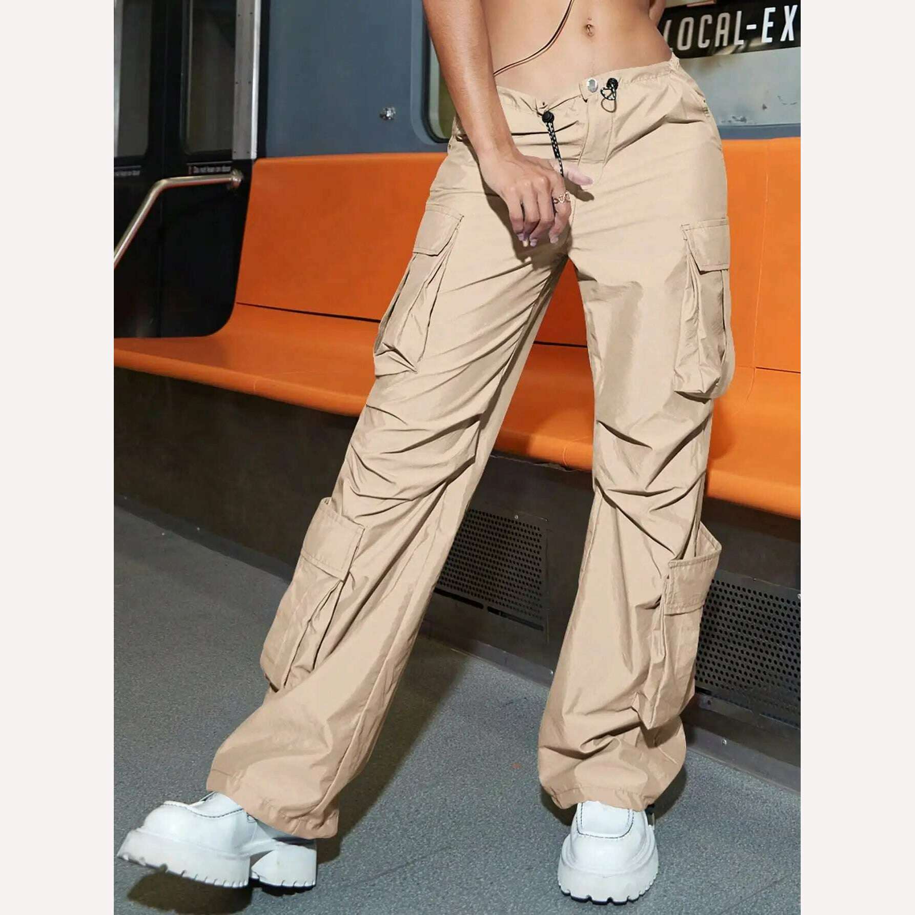 KIMLUD, Women Cargo Pants 2023 Fashion Vintage Street Vibe Flap Pocket Drawstring Ruched Parachute Trousers High Waist Streetwear, khaki / XL, KIMLUD APPAREL - Womens Clothes
