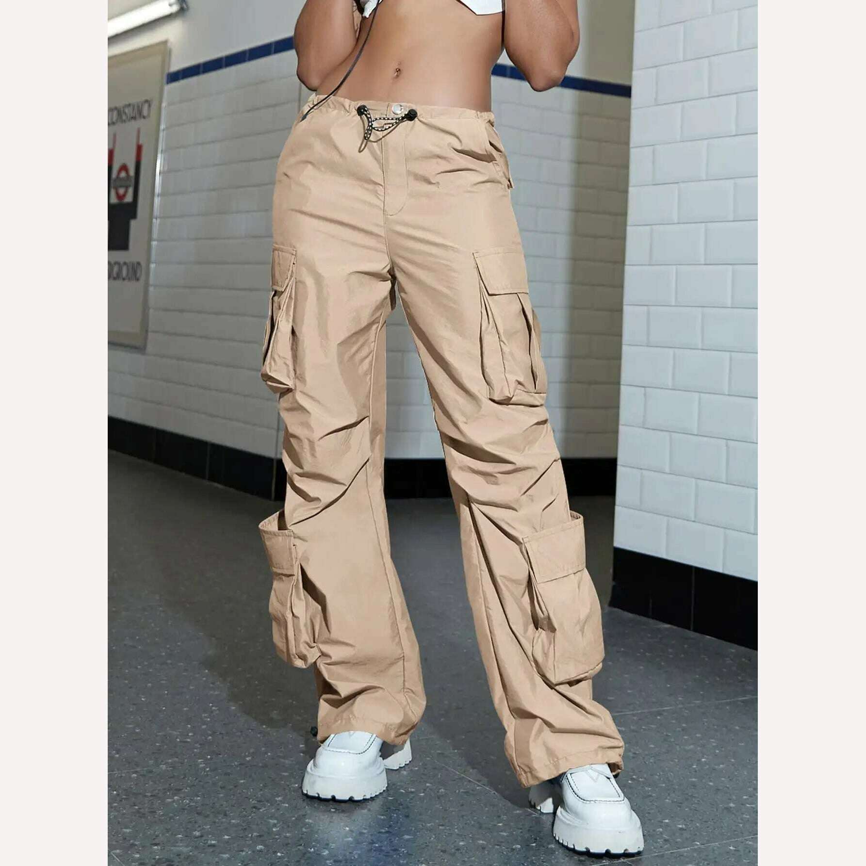 KIMLUD, Women Cargo Pants 2023 Fashion Vintage Street Vibe Flap Pocket Drawstring Ruched Parachute Trousers High Waist Streetwear, KIMLUD Womens Clothes
