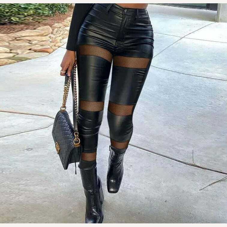 Women Casual High Waist Mesh PU Leather Patchwork Skinny Black Pencil Pants - KIMLUD