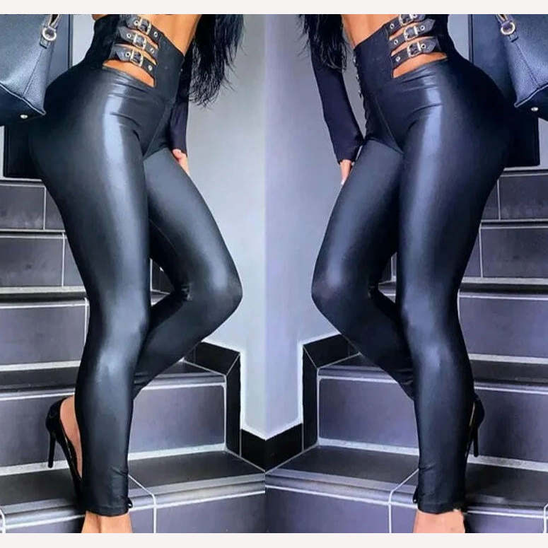 KIMLUD, Women Casual Solid High Waist PU Leather Elastic Waist Bandage Skinny Spring&Autumn Black Pencil Pants, KIMLUD Womens Clothes