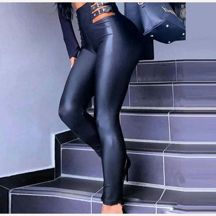 KIMLUD, Women Casual Solid High Waist PU Leather Elastic Waist Bandage Skinny Spring&Autumn Black Pencil Pants, KIMLUD Womens Clothes