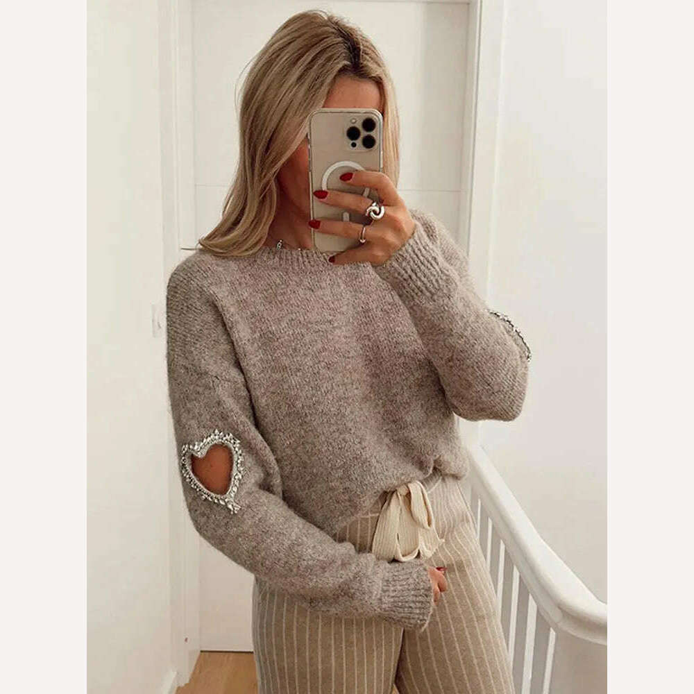 KIMLUD, Women Casual Solid Love Hollow Out Sweater Elegant Round Neck Long Sleeve Knitted Jumpers Fashion Lady Autumn Warm Pullover Tops, Khaki / S, KIMLUD APPAREL - Womens Clothes