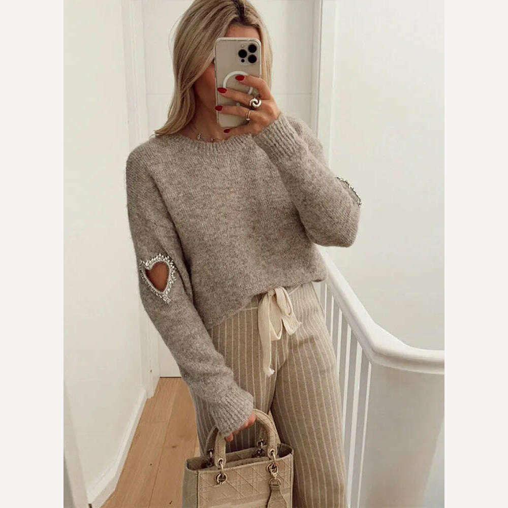 KIMLUD, Women Casual Solid Love Hollow Out Sweater Elegant Round Neck Long Sleeve Knitted Jumpers Fashion Lady Autumn Warm Pullover Tops, KIMLUD Womens Clothes