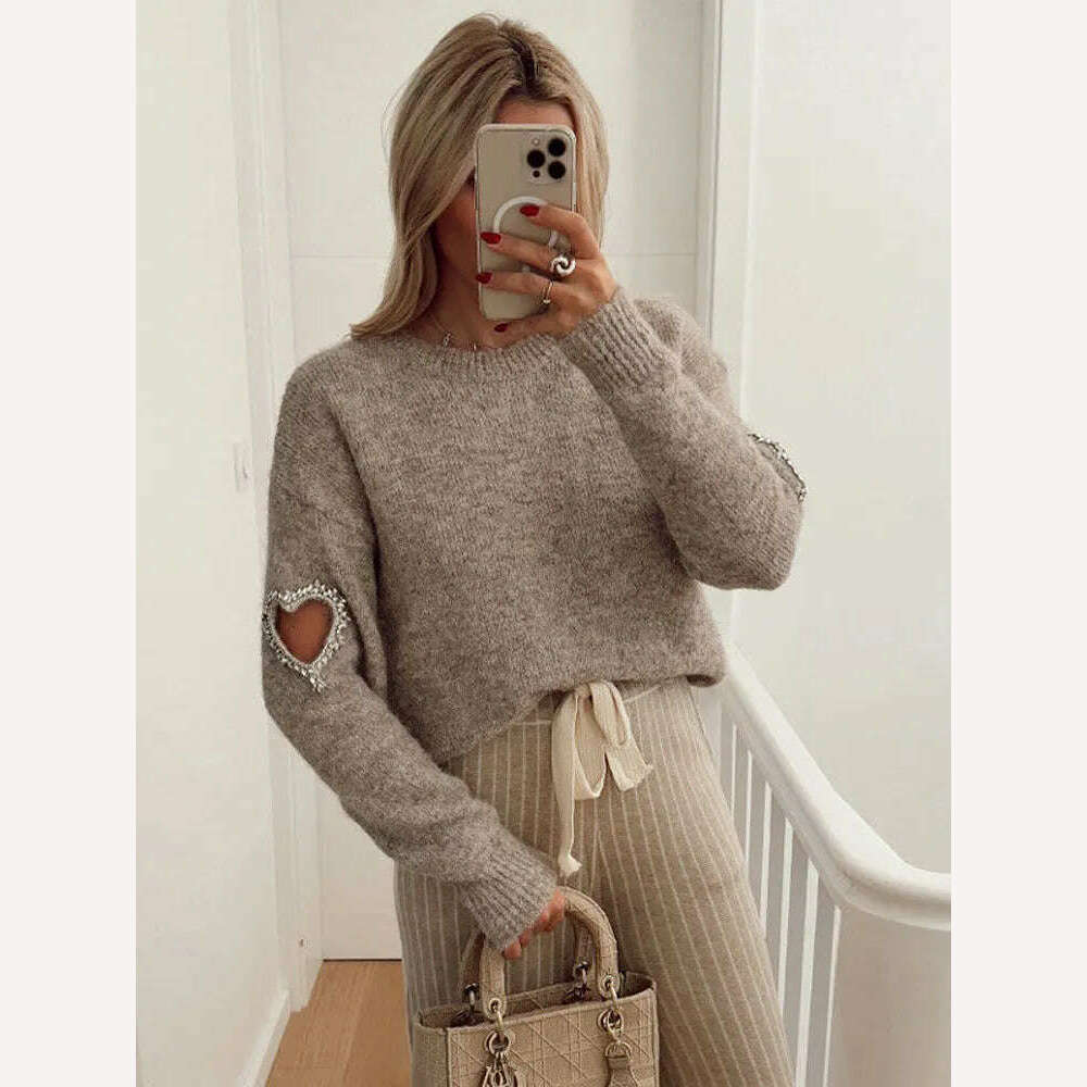 KIMLUD, Women Casual Solid Love Hollow Out Sweater Elegant Round Neck Long Sleeve Knitted Jumpers Fashion Lady Autumn Warm Pullover Tops, KIMLUD Womens Clothes