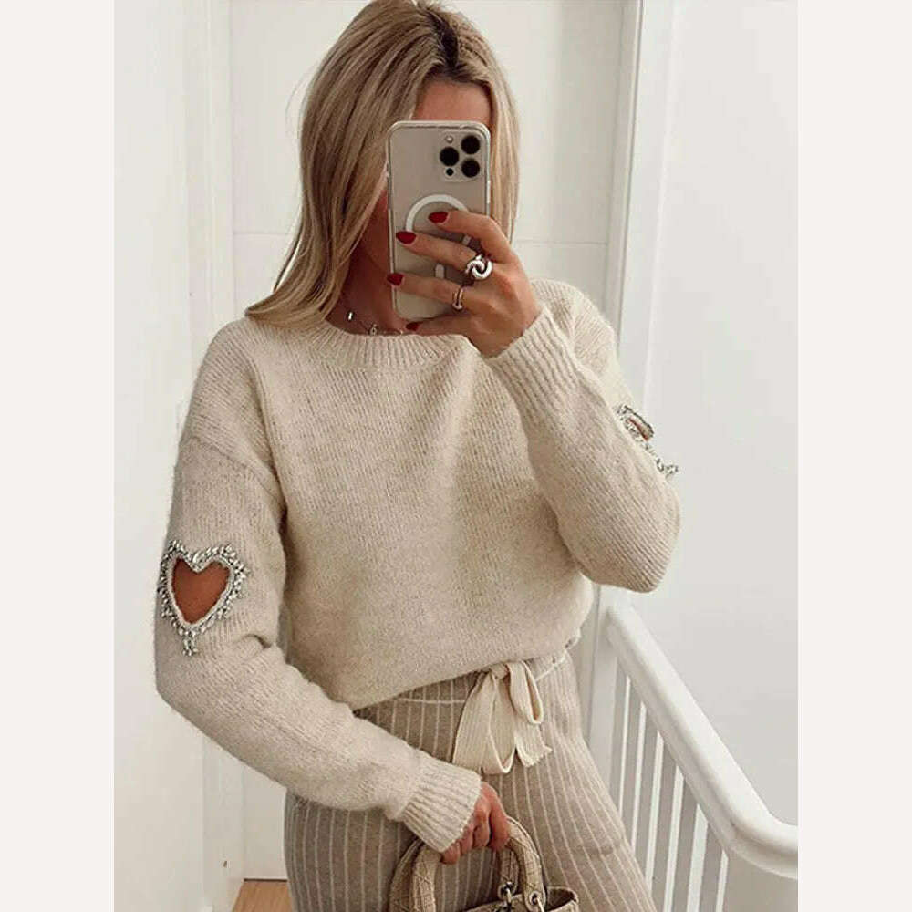 KIMLUD, Women Casual Solid Love Hollow Out Sweater Elegant Round Neck Long Sleeve Knitted Jumpers Fashion Lady Autumn Warm Pullover Tops, Beige / S, KIMLUD APPAREL - Womens Clothes