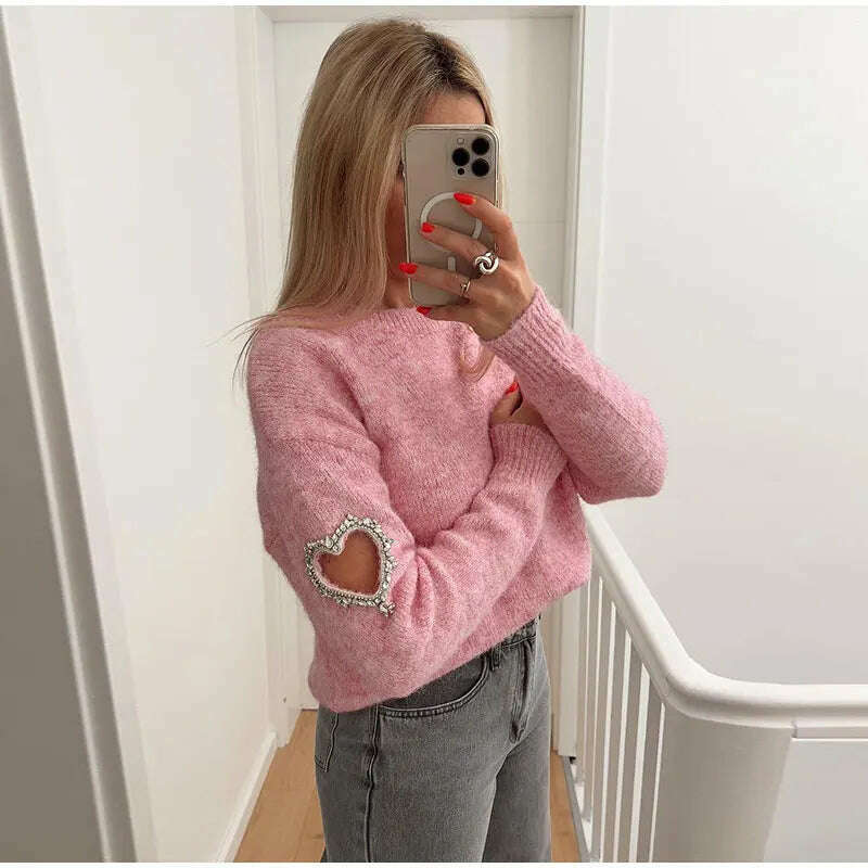 KIMLUD, Women Casual Solid Love Hollow Out Sweater Elegant Round Neck Long Sleeve Knitted Jumpers Fashion Lady Autumn Warm Pullover Tops, KIMLUD Womens Clothes