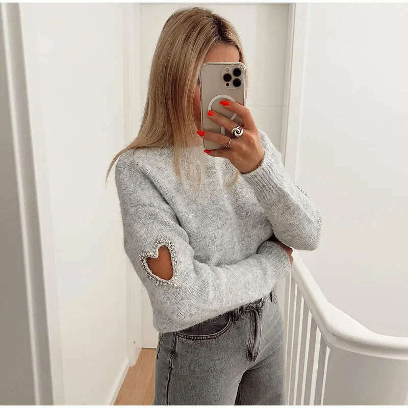 KIMLUD, Women Casual Solid Love Hollow Out Sweater Elegant Round Neck Long Sleeve Knitted Jumpers Fashion Lady Autumn Warm Pullover Tops, KIMLUD Womens Clothes