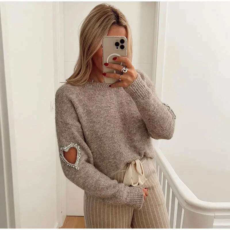 KIMLUD, Women Casual Solid Love Hollow Out Sweater Elegant Round Neck Long Sleeve Knitted Jumpers Fashion Lady Autumn Warm Pullover Tops, KIMLUD Womens Clothes