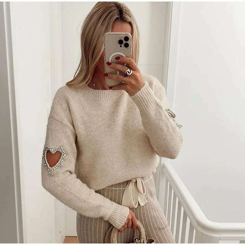 KIMLUD, Women Casual Solid Love Hollow Out Sweater Elegant Round Neck Long Sleeve Knitted Jumpers Fashion Lady Autumn Warm Pullover Tops, KIMLUD Womens Clothes