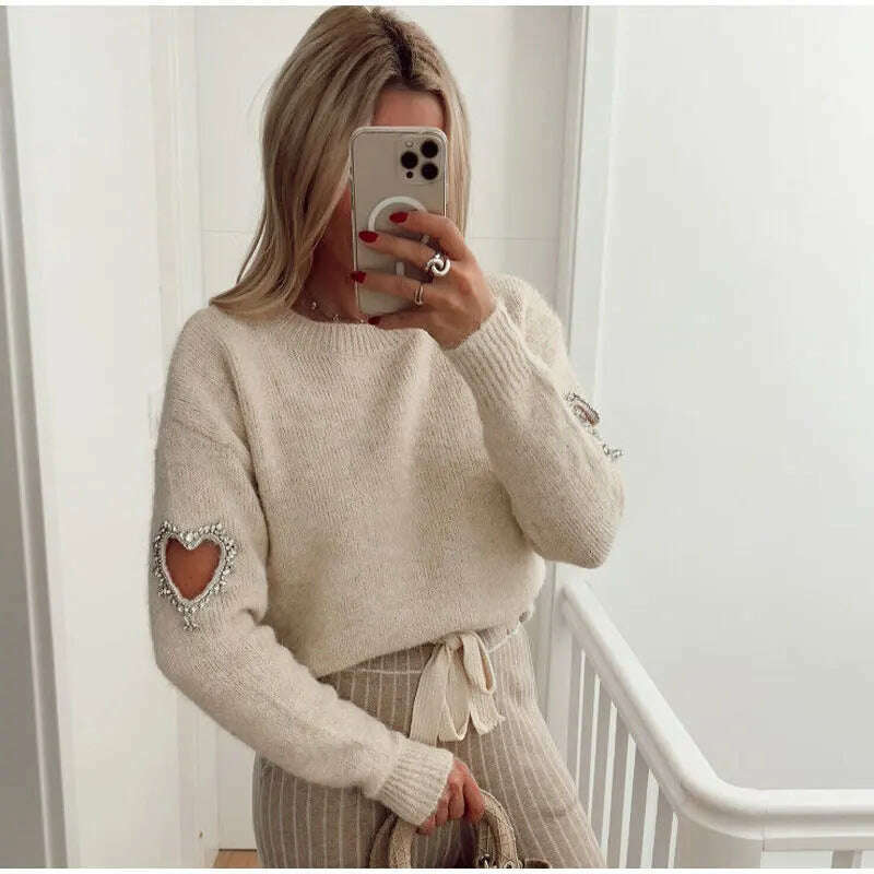 KIMLUD, Women Casual Solid Love Hollow Out Sweater Elegant Round Neck Long Sleeve Knitted Jumpers Fashion Lady Autumn Warm Pullover Tops, KIMLUD Womens Clothes