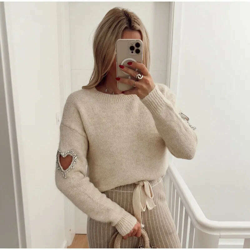 KIMLUD, Women Casual Solid Love Hollow Out Sweater Elegant Round Neck Long Sleeve Knitted Jumpers Fashion Lady Autumn Warm Pullover Tops, KIMLUD Womens Clothes