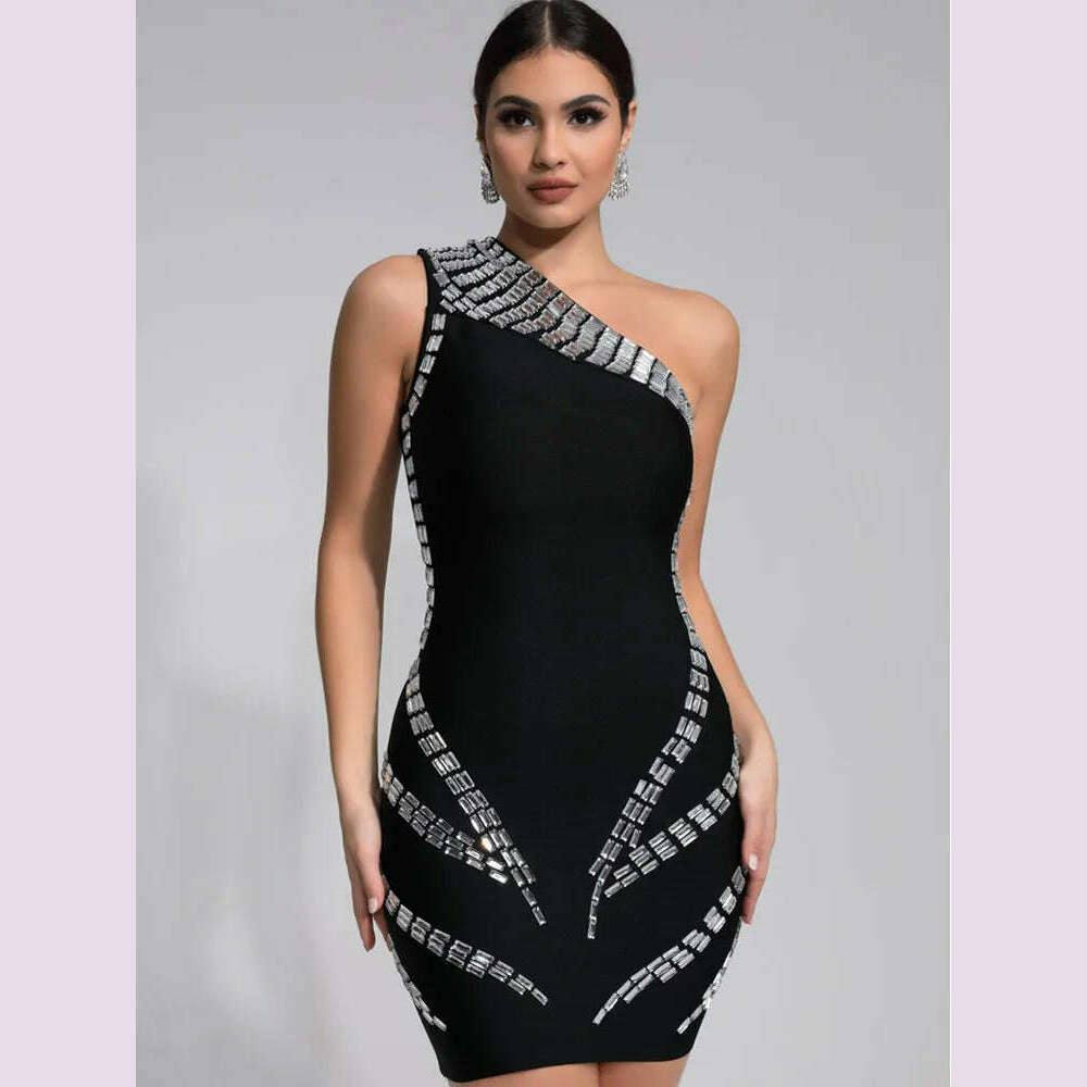 Women Celebrity Sexy One Shoulder Crystal Diamonds Black Mini Bandage Women Celebrity Sexy One Shoulder Crystal Diamonds Black Mini Bandage