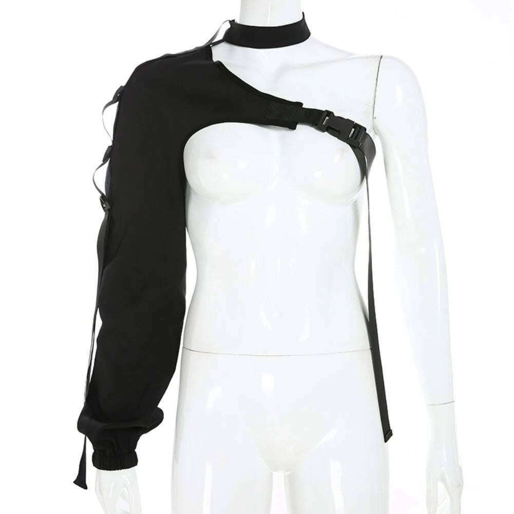 Women Chic Choker One Long Sleeve Strap Buckle Reflective Halter Smock Blouse Female Clothing - KIMLUD