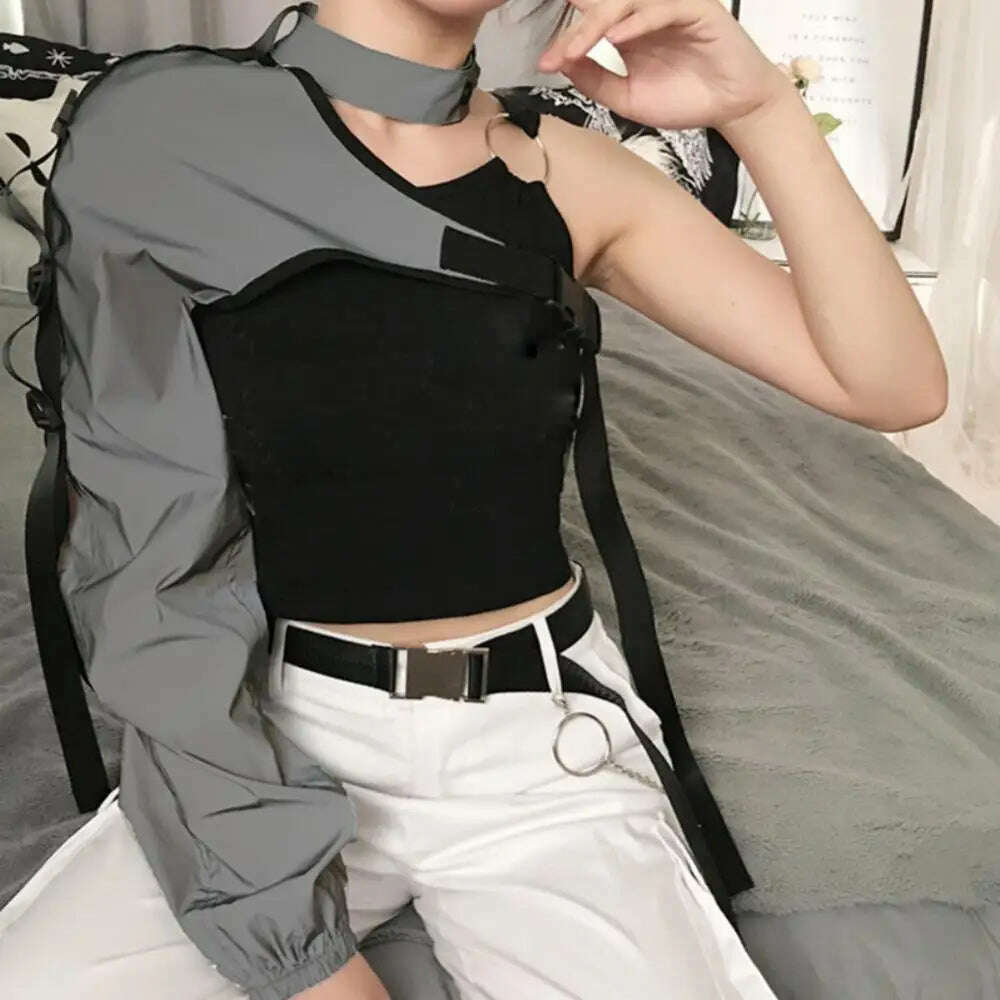 Women Chic Choker One Long Sleeve Strap Buckle Reflective Halter Smock Blouse Female Clothing - KIMLUD