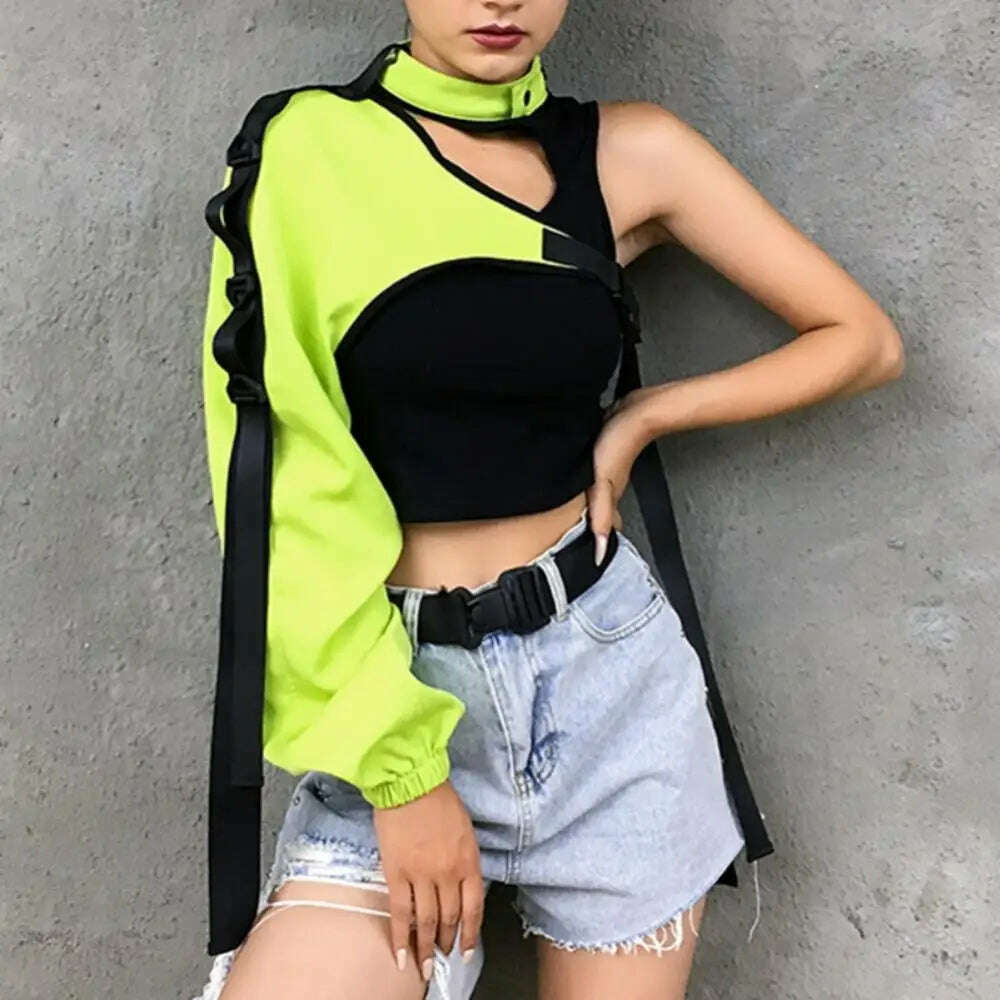 Women Chic Choker One Long Sleeve Strap Buckle Reflective Halter Smock Blouse Female Clothing - KIMLUD
