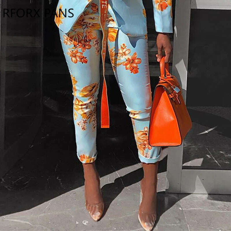 KIMLUD, Women Chic Elegant All over Print Long Sleeve Sashes Ankle-Length Pants Spring Working Blazer Sets, KIMLUD Womens Clothes