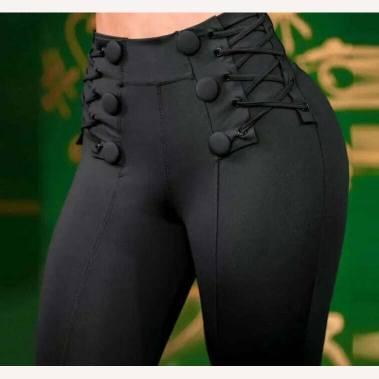 KIMLUD, Women Chic High Waist Button Criss Cross Skinny Spring&amp;Autumn Black Pencil Pants, Black / S, KIMLUD Womens Clothes