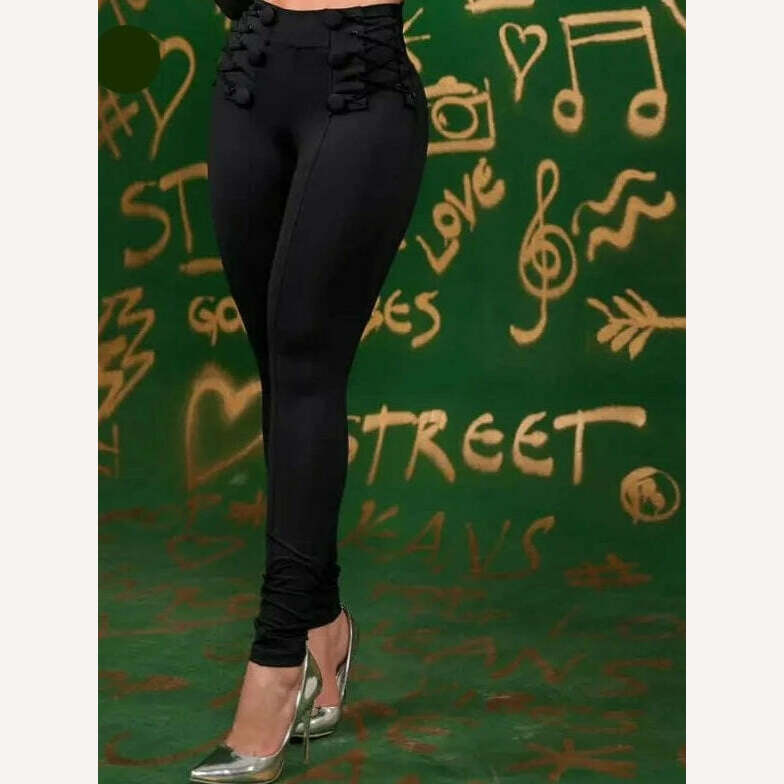 KIMLUD, Women Chic High Waist Button Criss Cross Skinny Spring&Autumn Black Pencil Pants, KIMLUD Womens Clothes