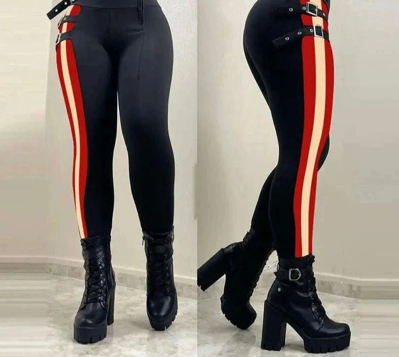 KIMLUD, Women Chic High Waist Multi Bandage Side Striped Skinny Spring&Autumn Black Pencil Pants, KIMLUD Womens Clothes