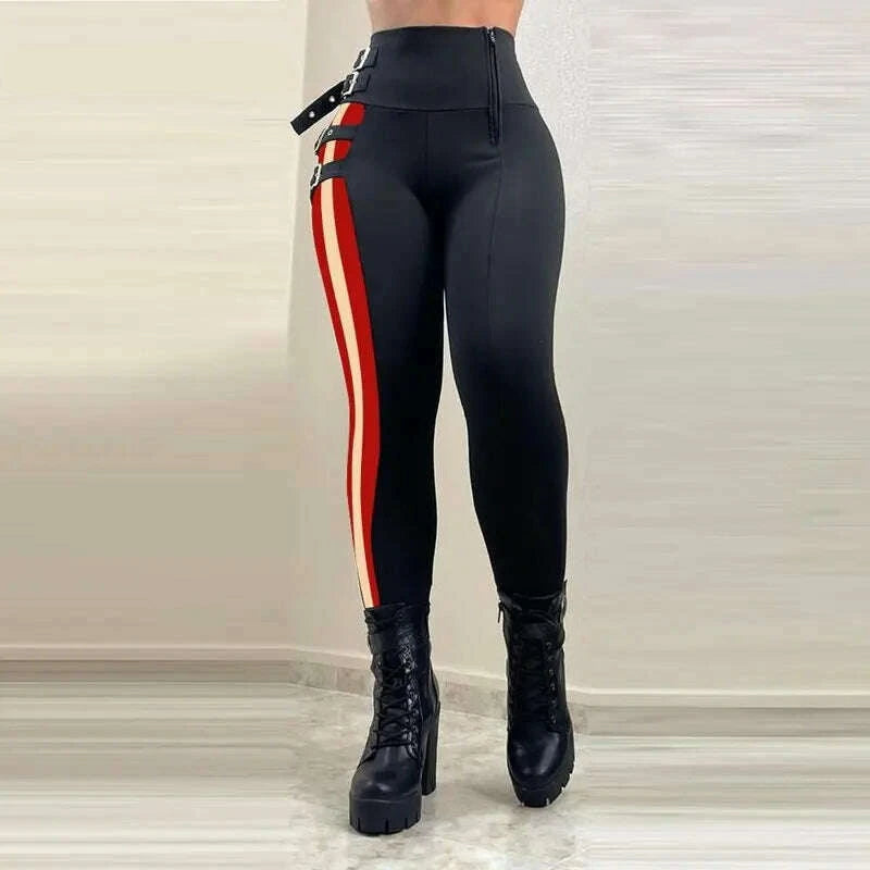 KIMLUD, Women Chic High Waist Multi Bandage Side Striped Skinny Spring&Autumn Black Pencil Pants, MULTI / S, KIMLUD APPAREL - Womens Clothes