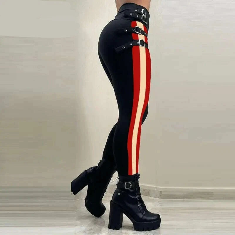 KIMLUD, Women Chic High Waist Multi Bandage Side Striped Skinny Spring&Autumn Black Pencil Pants, KIMLUD Womens Clothes