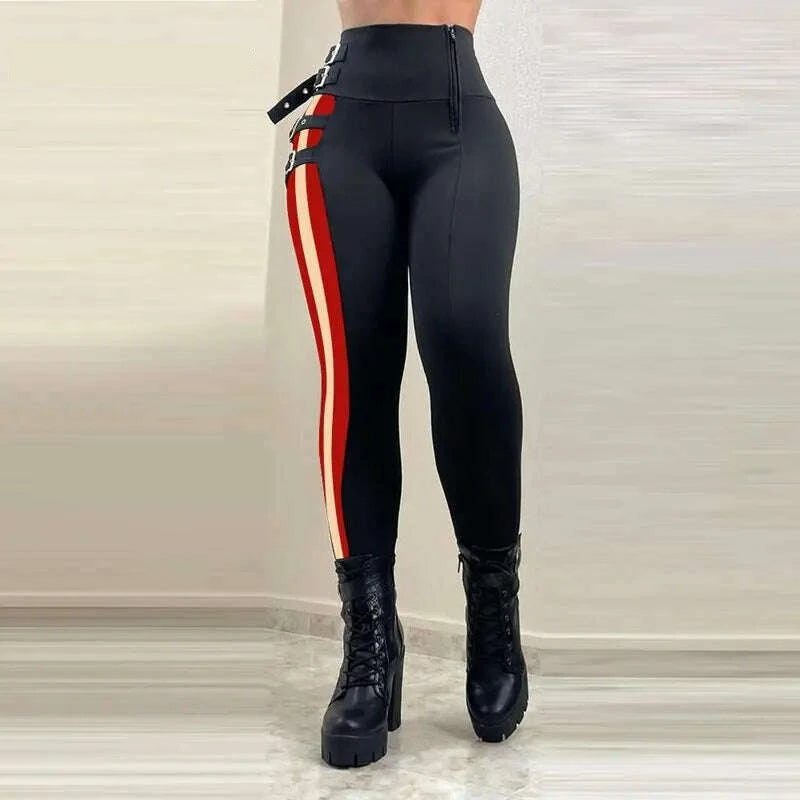 KIMLUD, Women Chic High Waist Multi Bandage Side Striped Skinny Spring&Autumn Black Pencil Pants, KIMLUD Womens Clothes