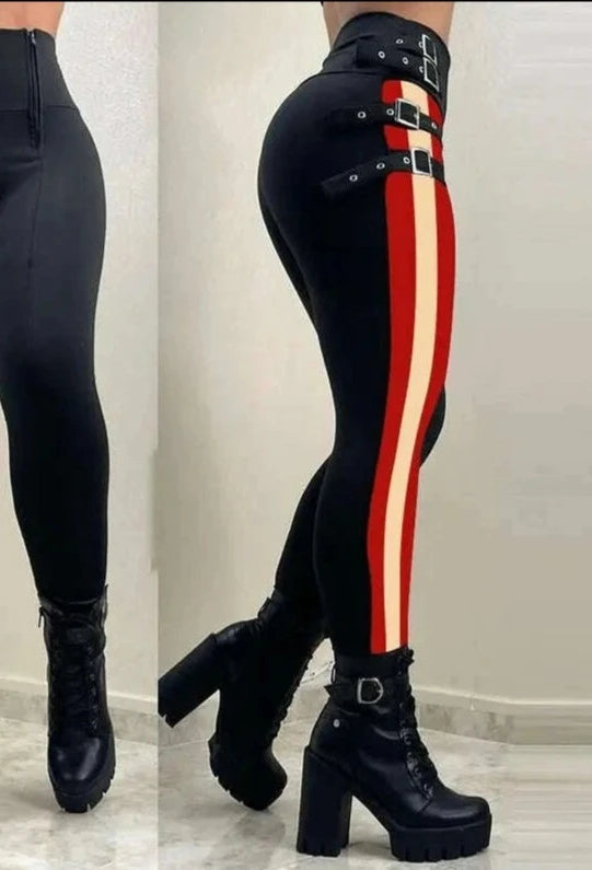 KIMLUD, Women Chic High Waist Multi Bandage Side Striped Skinny Spring&Autumn Black Pencil Pants, KIMLUD Womens Clothes