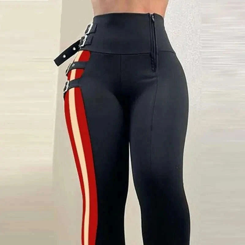 KIMLUD, Women Chic High Waist Multi Bandage Side Striped Skinny Spring&Autumn Black Pencil Pants, KIMLUD Womens Clothes