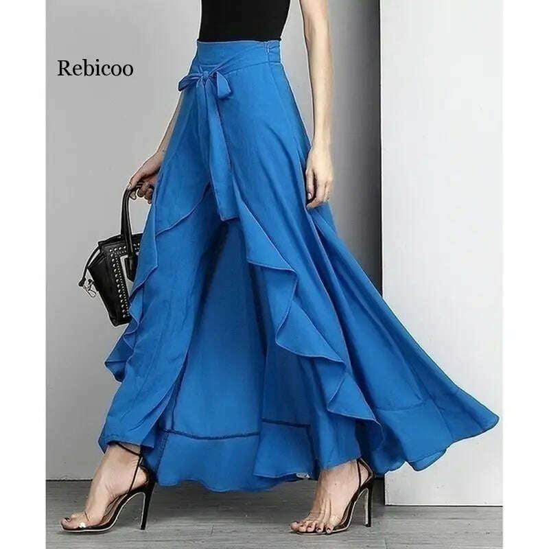 KIMLUD, Women Chiffon Knot Tie Waist Ruffle  Pants Pure Color Long Skirts Style Elegant Wide Leg Pants, KIMLUD Womens Clothes