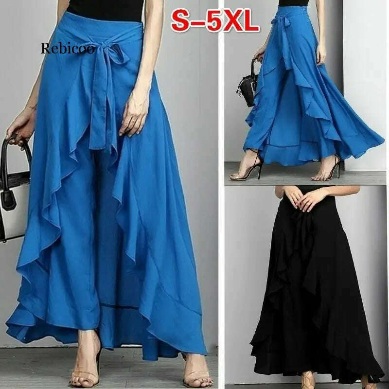 KIMLUD, Women Chiffon Knot Tie Waist Ruffle Pants Pure Color Long Skirts Style Elegant Wide Leg Pants, KIMLUD Womens Clothes