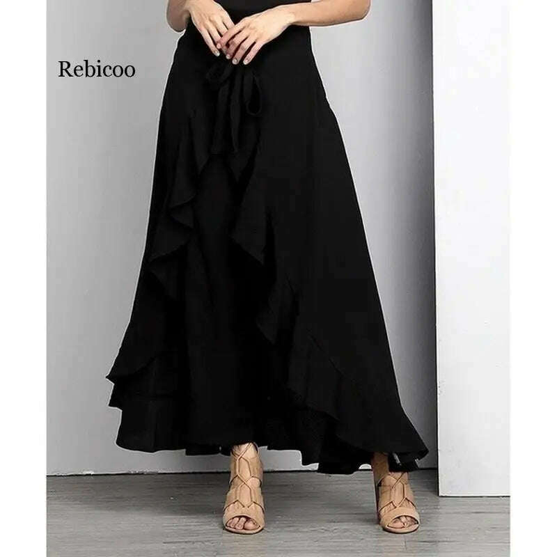 KIMLUD, Women Chiffon Knot Tie Waist Ruffle Pants Pure Color Long Skirts Style Elegant Wide Leg Pants, KIMLUD Womens Clothes