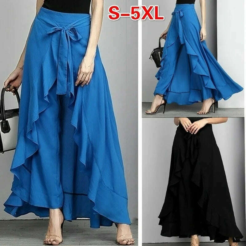 KIMLUD, Women Chiffon Knot Tie Waist Ruffle Pants Pure Color Long Skirts Style Elegant Wide Leg Pants, KIMLUD Womens Clothes