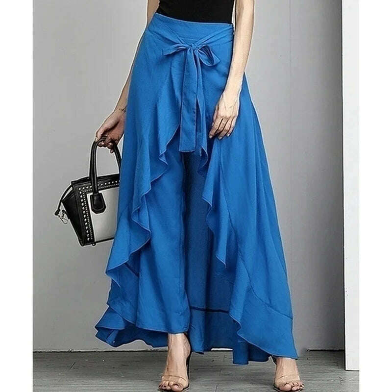 KIMLUD, Women Chiffon Knot Tie Waist Ruffle Pants Pure Color Long Skirts Style Elegant Wide Leg Pants, KIMLUD Womens Clothes