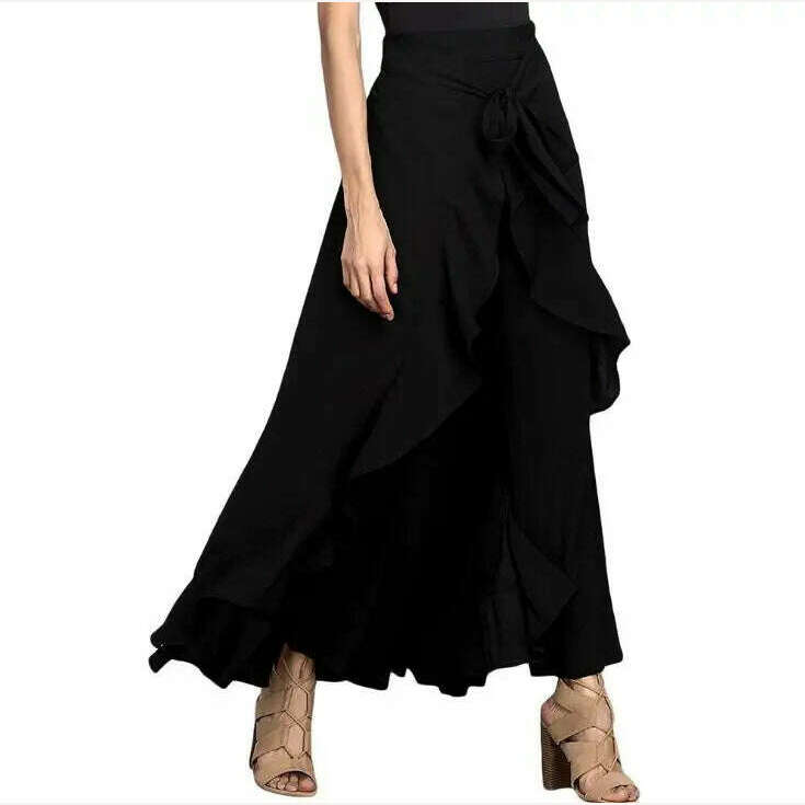 KIMLUD, Women Chiffon Knot Tie Waist Ruffle Pants Pure Color Long Skirts Style Elegant Wide Leg Pants, KIMLUD Womens Clothes