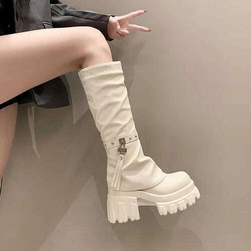 KIMLUD, Women Chunky Platform Knee-High Boots Punk Leather Long Boot Woman 9CM Heels New Autumn Winter Warm Fur Shoes Motorcycle Booties, KIMLUD Womens Clothes