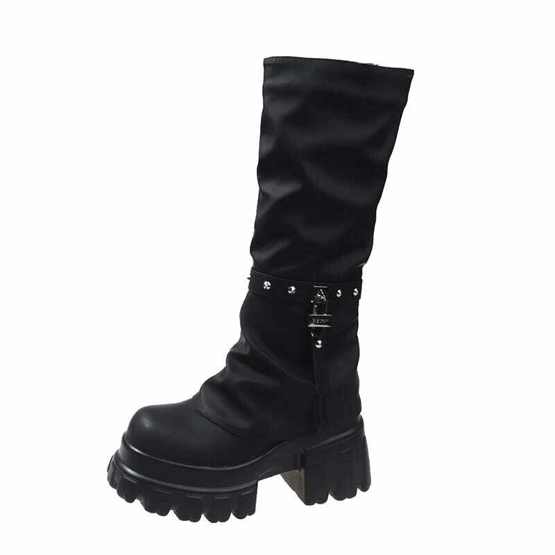 KIMLUD, Women Chunky Platform Knee-High Boots Punk Leather Long Boot Woman 9CM Heels New Autumn Winter Warm Fur Shoes Motorcycle Booties, black / 34, KIMLUD APPAREL - Womens Clothes