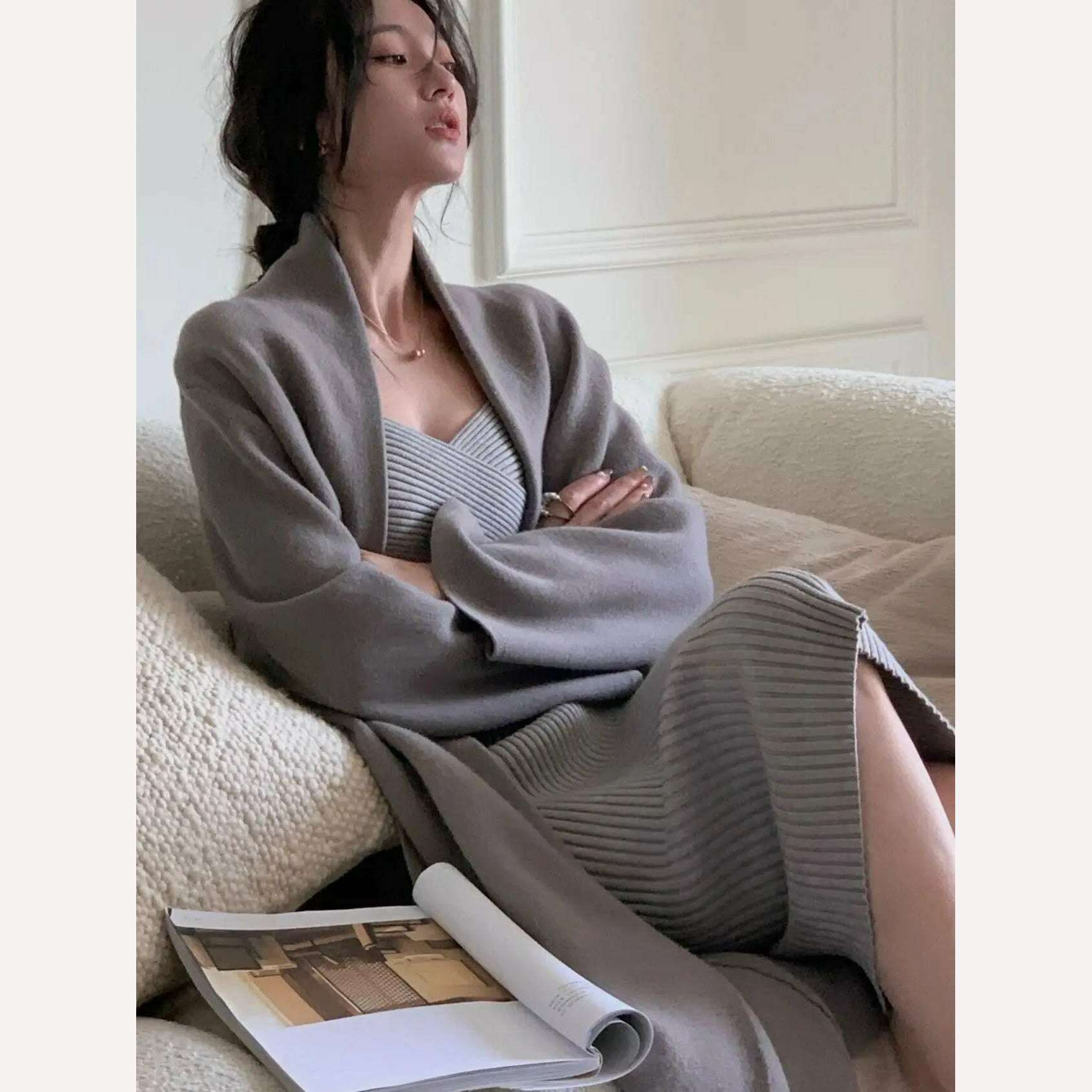 KIMLUD, Women Clothes Elegant Autumn Winter Lace Up Coat Female Fashion Outerwear Solid Lady 2022 Knitted Sweaters Long Cardigan, gray / One Size, KIMLUD APPAREL - Womens Clothes