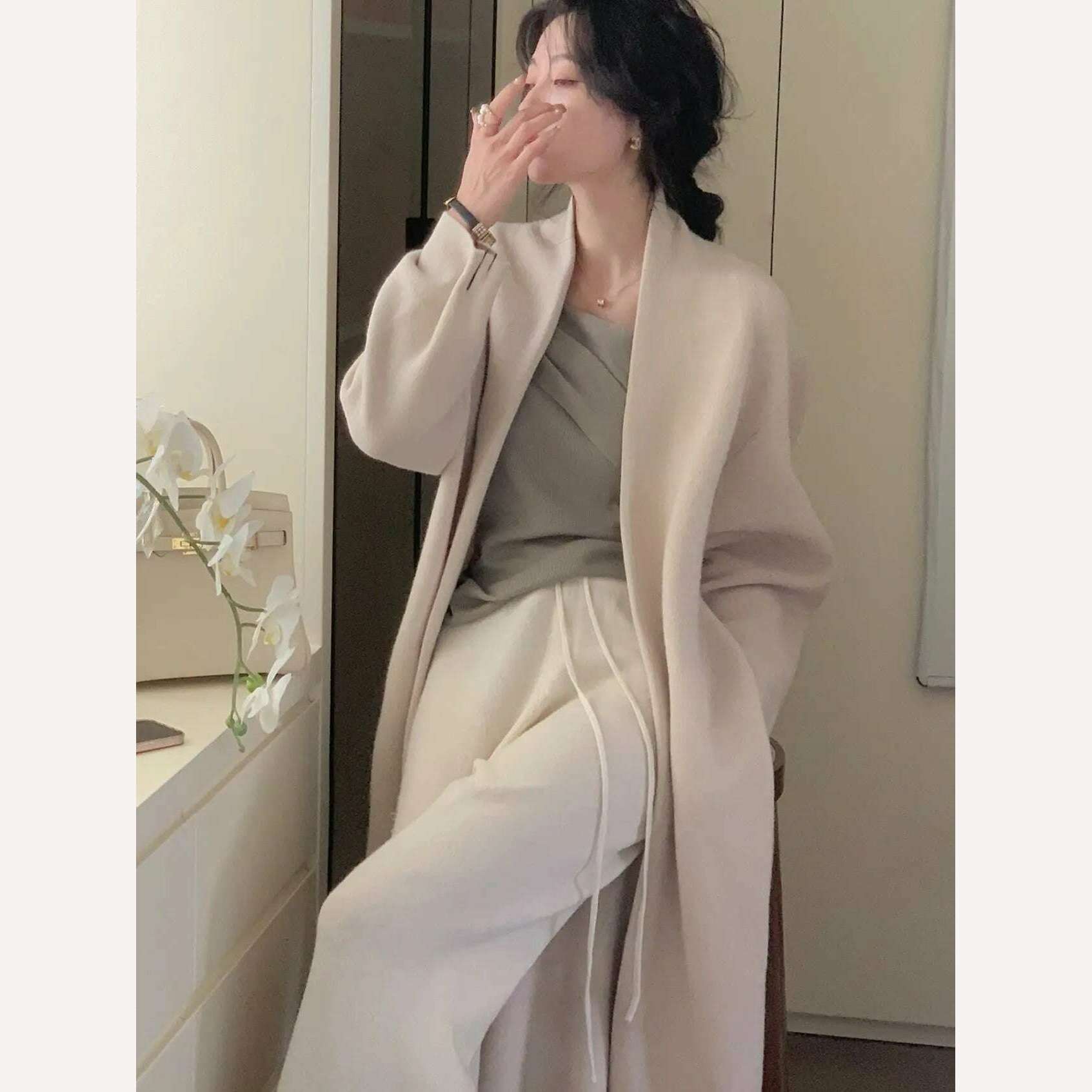 KIMLUD, Women Clothes Elegant Autumn Winter Lace Up Coat Female Fashion Outerwear Solid Lady 2022 Knitted Sweaters Long Cardigan, apricot / One Size, KIMLUD APPAREL - Womens Clothes