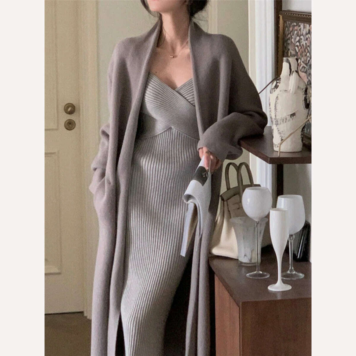 KIMLUD, Women Clothes Elegant Autumn Winter Lace Up Coat Female Fashion Outerwear Solid Lady 2022 Knitted Sweaters Long Cardigan, KIMLUD Womens Clothes