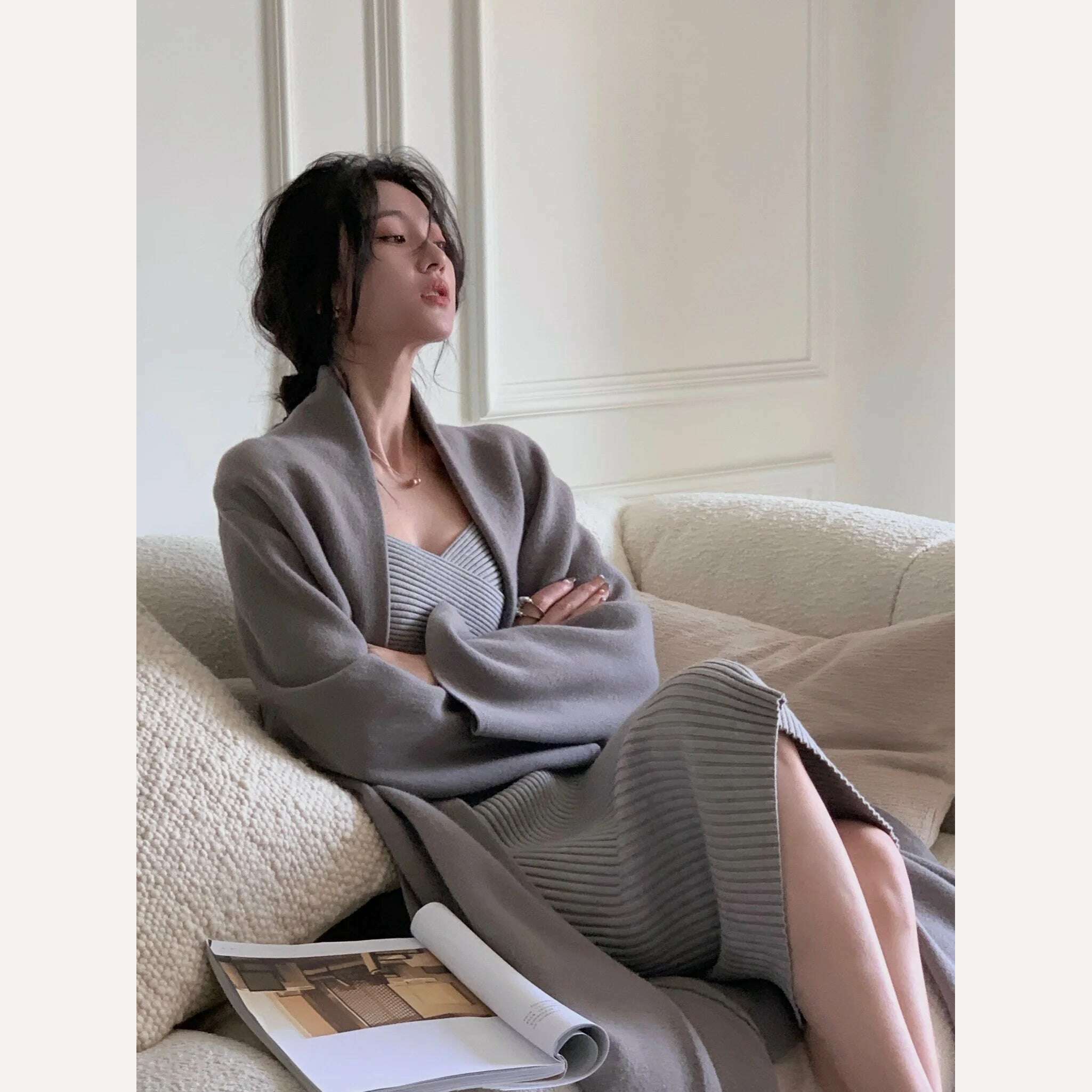 KIMLUD, Women Clothes Elegant Autumn Winter Lace Up Coat Female Fashion Outerwear Solid Lady 2022 Knitted Sweaters Long Cardigan, KIMLUD Womens Clothes