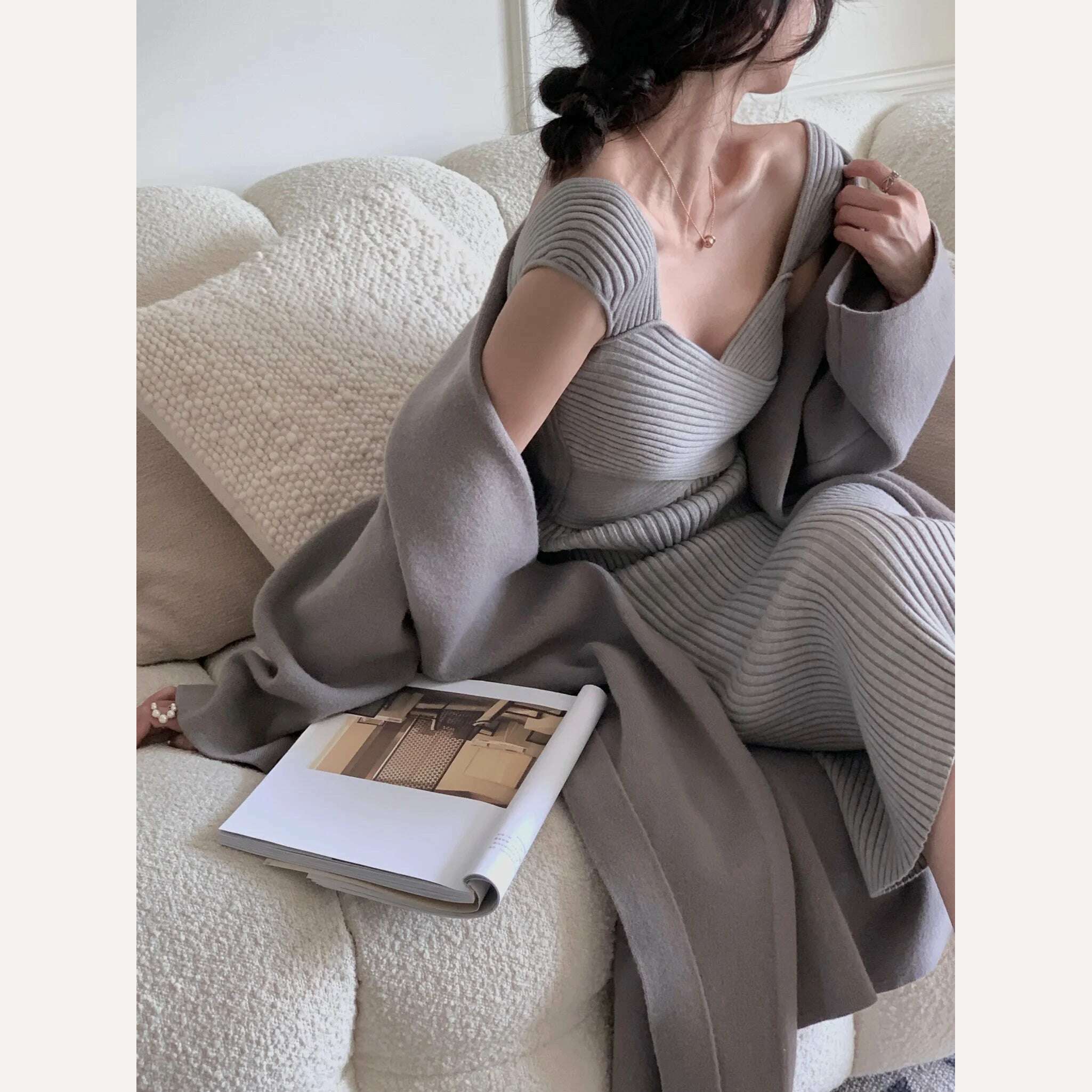 KIMLUD, Women Clothes Elegant Autumn Winter Lace Up Coat Female Fashion Outerwear Solid Lady 2022 Knitted Sweaters Long Cardigan, KIMLUD Womens Clothes