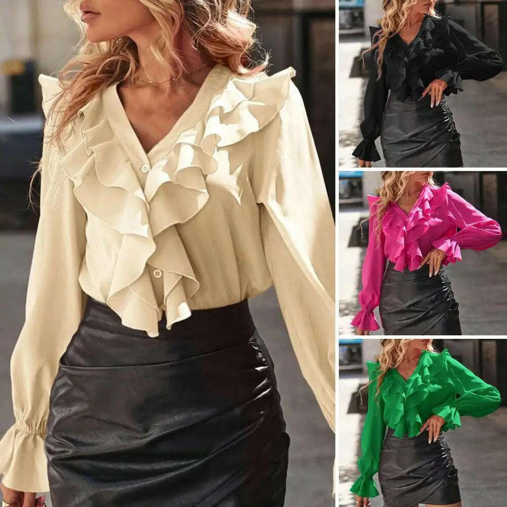 KIMLUD, Women Commute Top Elegant V Neck Ruffle Blouse with Puff Sleeves for Women Solid Color Loose Fit Spring Shirt Stylish Ol Commute, KIMLUD Womens Clothes