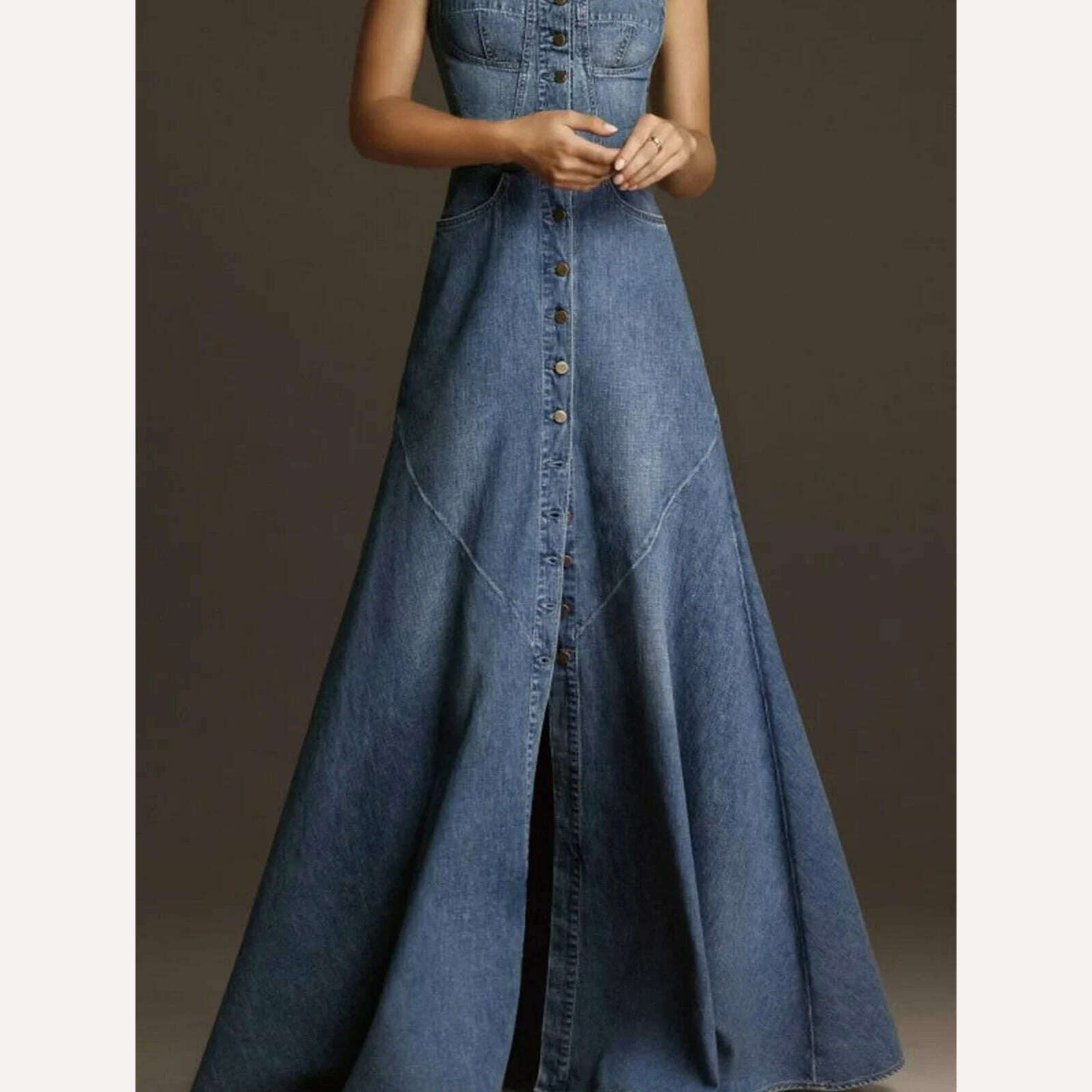 Women Denim Dress Sleeveless Square Collar Sling Jean Slim Fit Long Dress Summer Elegant Female Buttons Maxi Dress Solid Robes - KIMLUD